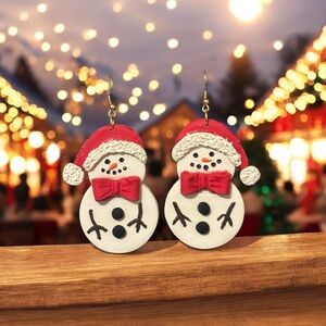 Polymer clay Festive Snowman Earrings - Red and White